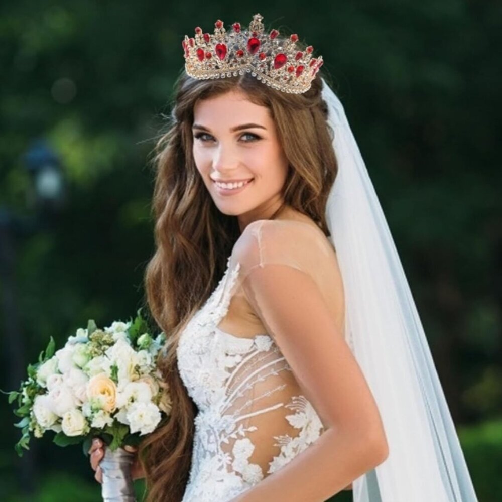 Queen Red Crown, Crystal Wedding Tiara, Quinceanera Headpiece, Gold Tiara